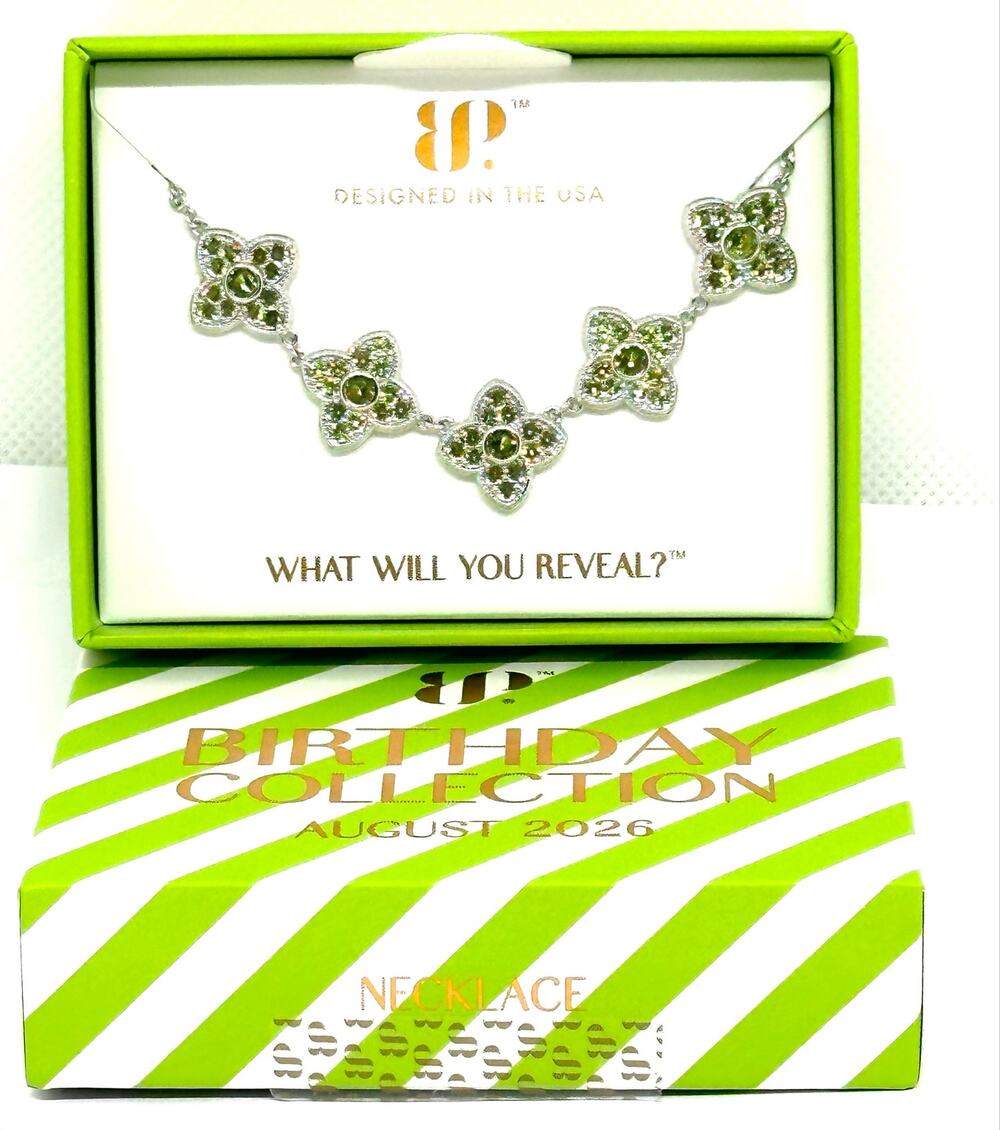 BOMB PARTY Happily Ever After Clover Necklace Peridot Rhodium Plated August Bday
